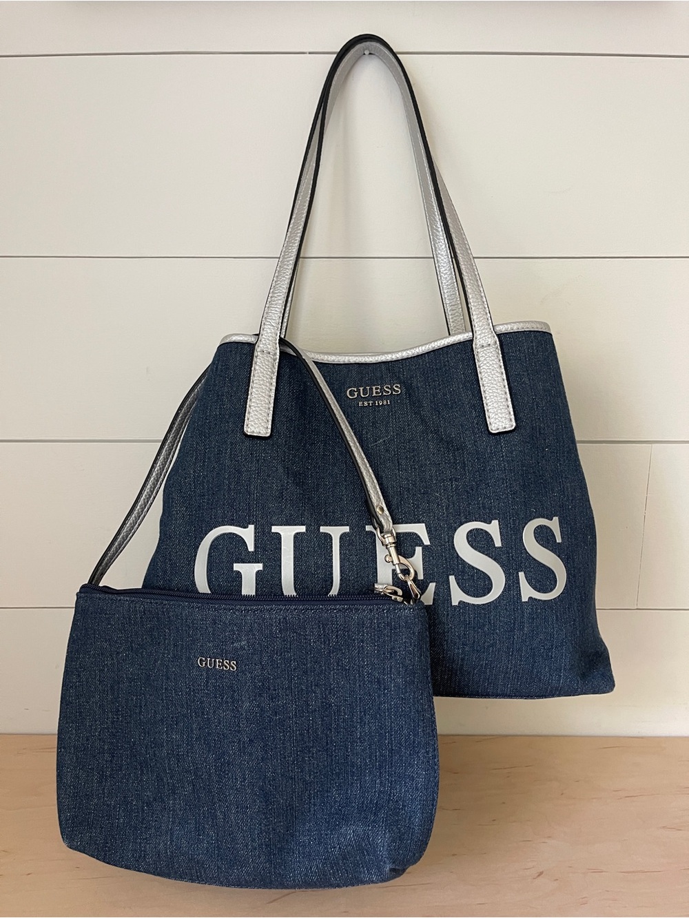 GUESS Los Angeles Y2K Dark Wash Denim Logo Tote and Mini Shoulder Bag Set